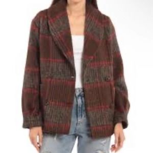 Avec Les Filles Plaid Shawl Collar Double Breasted Jacket In Brown Size XL NWOT